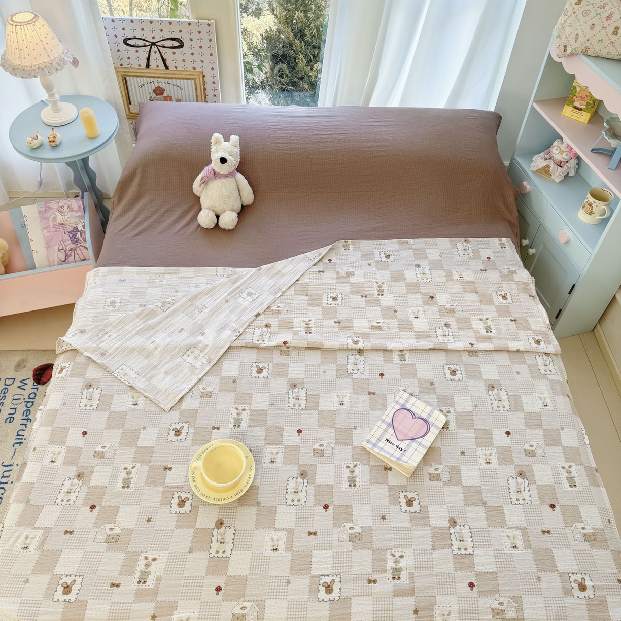 91家纺网 家纺一手货源 找家纺 Sweet dreams甜梦 2026新款A类皱皱双层纱小清新酒店一体式旅行睡袋 格子小兔