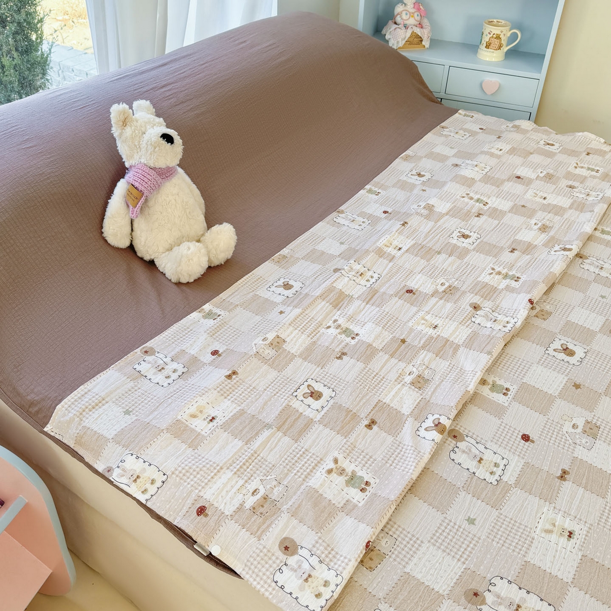 91家纺网 家纺一手货源 找家纺 Sweet dreams甜梦 2026新款A类皱皱双层纱小清新酒店一体式旅行睡袋 格子小兔