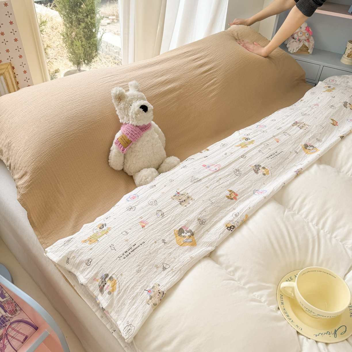 91家纺网 家纺一手货源 找家纺 Sweet dreams甜梦 2026新款A类皱皱双层纱小清新酒店一体式旅行睡袋 狗狗世界