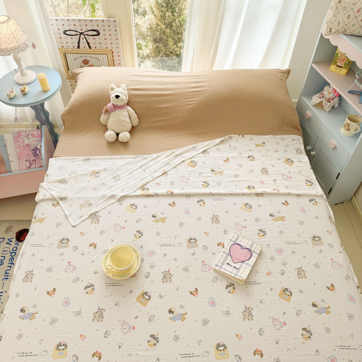 91家纺网 家纺一手货源 找家纺 Sweet dreams甜梦 2026新款A类皱皱双层纱小清新酒店一体式旅行睡袋 狗狗世界