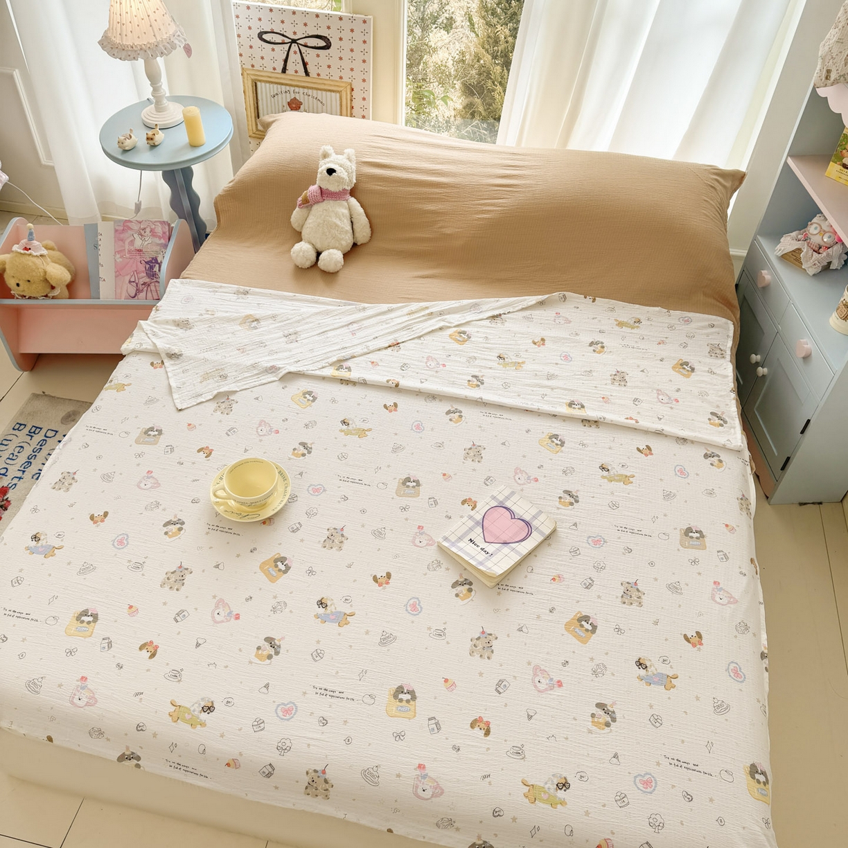 91家纺网 家纺一手货源 找家纺 Sweet dreams甜梦 2026新款A类皱皱双层纱小清新酒店一体式旅行睡袋 狗狗世界