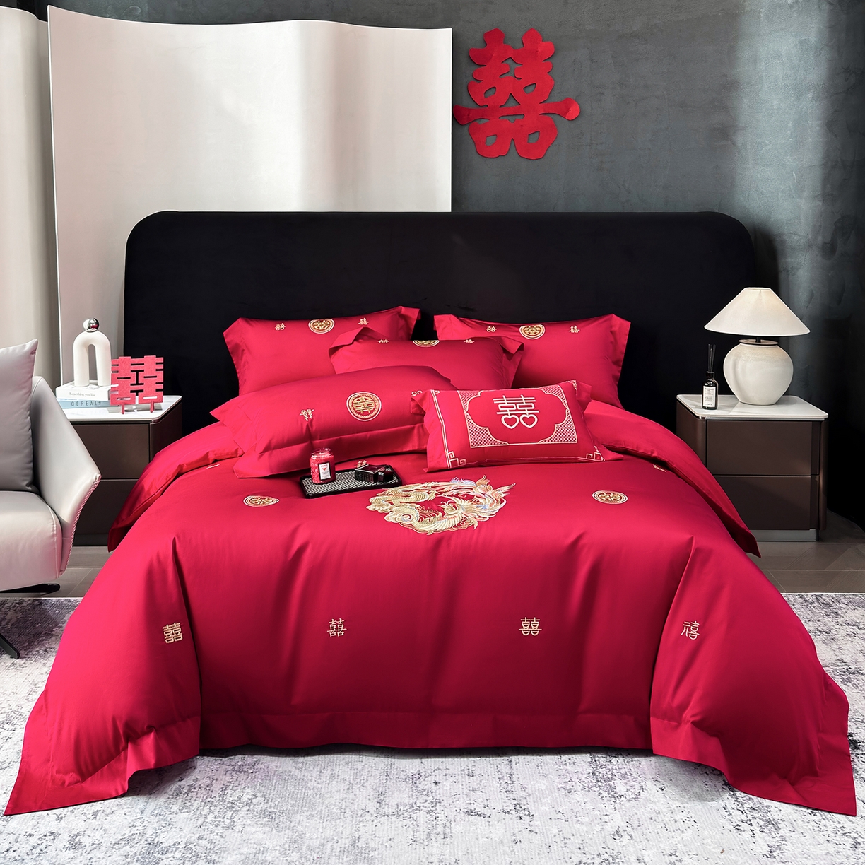 91家纺网 家纺一手货源 找家纺 星蕴家纺 2026新款高档全棉婚庆四件套 锦绣龙凤