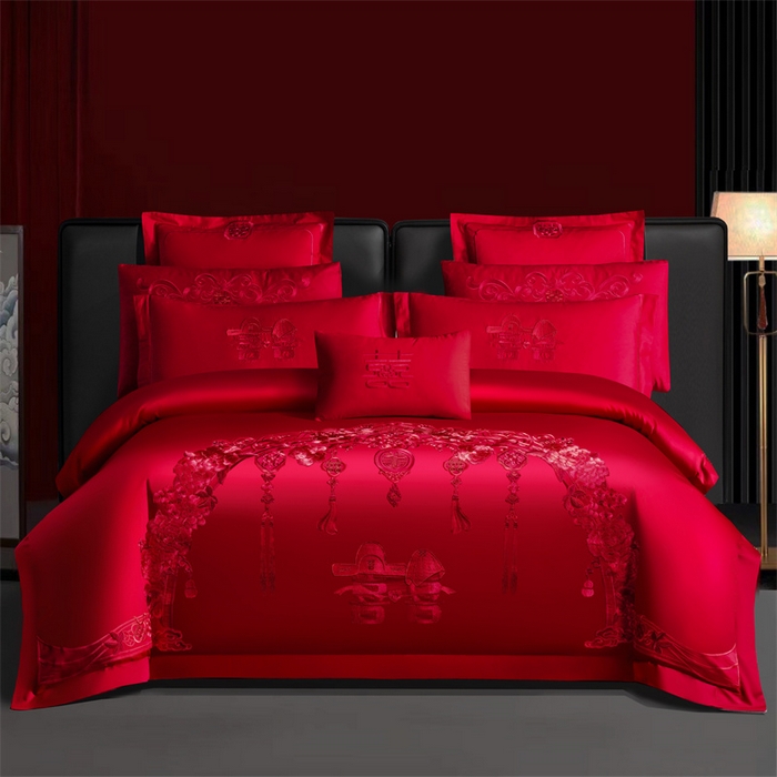 91家纺网 家纺一手货源 找家纺 （总）慕她家纺 2026慕她大花工艺款全棉纯棉婚庆四件套大红色刺绣结婚床上用品