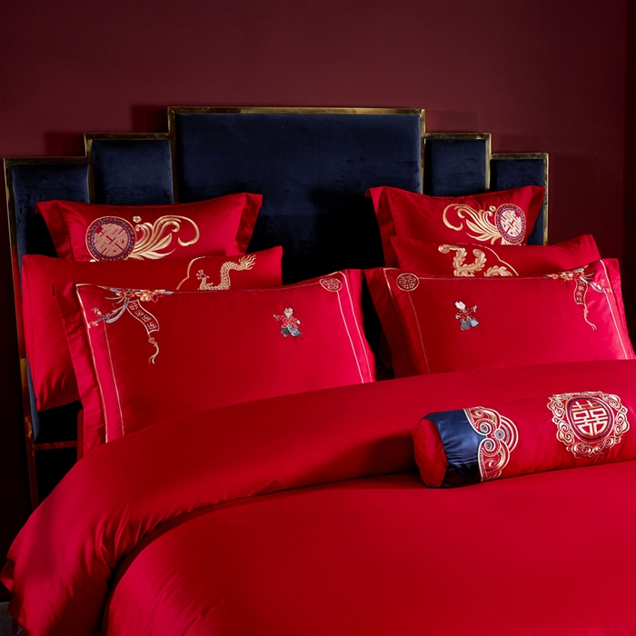 91家纺网 家纺一手货源 找家纺 慕她家纺 2026慕她大花工艺款全棉纯棉婚庆四件套大红色刺绣结婚床上用品 好运吉祥