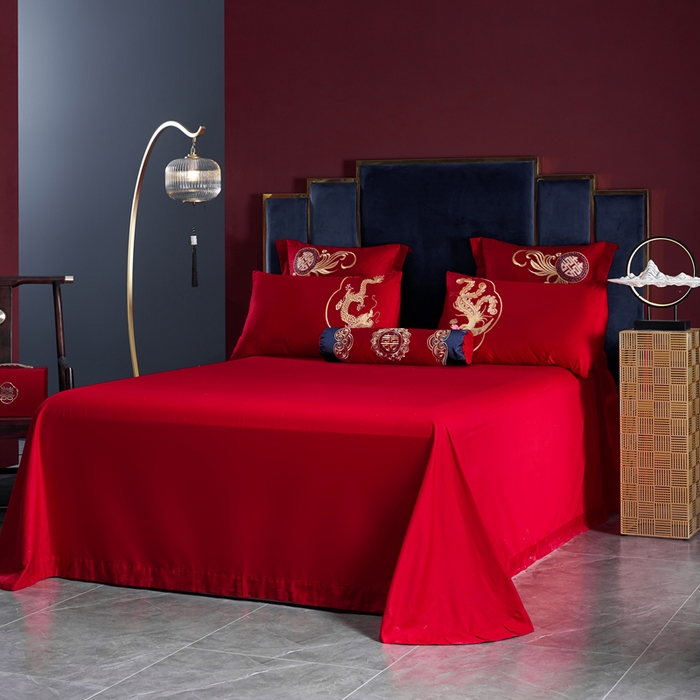 91家纺网 家纺一手货源 找家纺 慕她家纺 2026慕她大花工艺款全棉纯棉婚庆四件套大红色刺绣结婚床上用品 好运吉祥