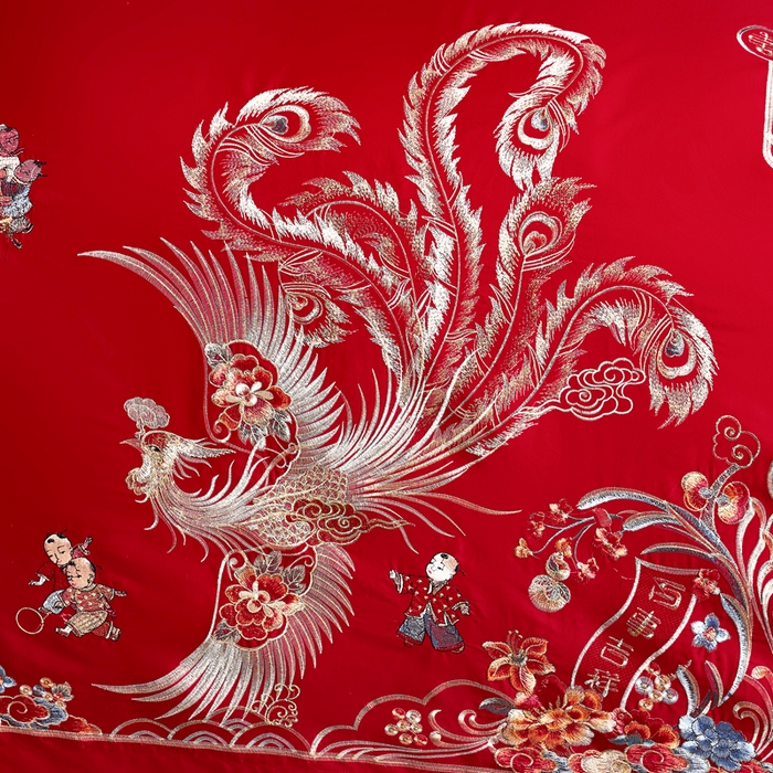 91家纺网 家纺一手货源 找家纺 慕她家纺 2026慕她大花工艺款全棉纯棉婚庆四件套大红色刺绣结婚床上用品 好运吉祥