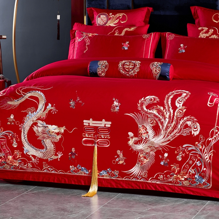 91家纺网 家纺一手货源 找家纺 慕她家纺 2026慕她大花工艺款全棉纯棉婚庆四件套大红色刺绣结婚床上用品 好运吉祥