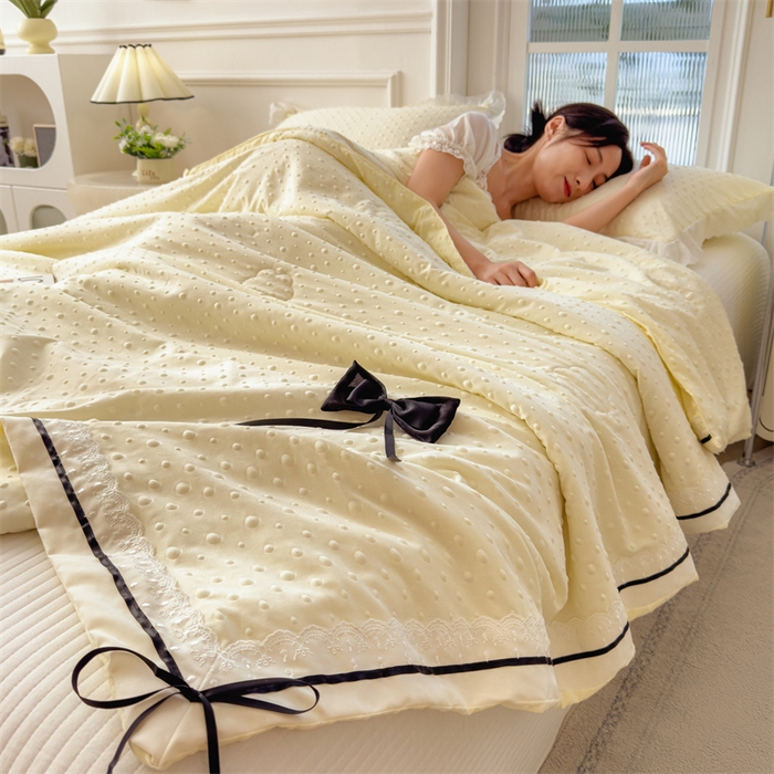 91家纺网 家纺一手货源 找家纺 布凡家居 2026新款四层纱按摩豆豆被泡泡夏被子被芯 蝴蝶结-柠檬黄
