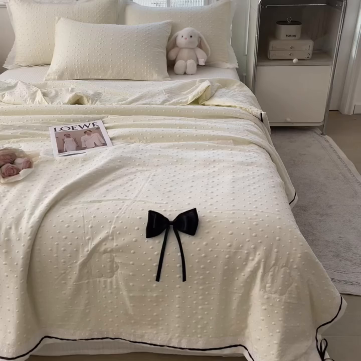 91家纺网 家纺一手货源 找家纺 布凡家居 2026新款四层纱按摩豆豆被泡泡夏被子被芯 蝴蝶结-柠檬黄