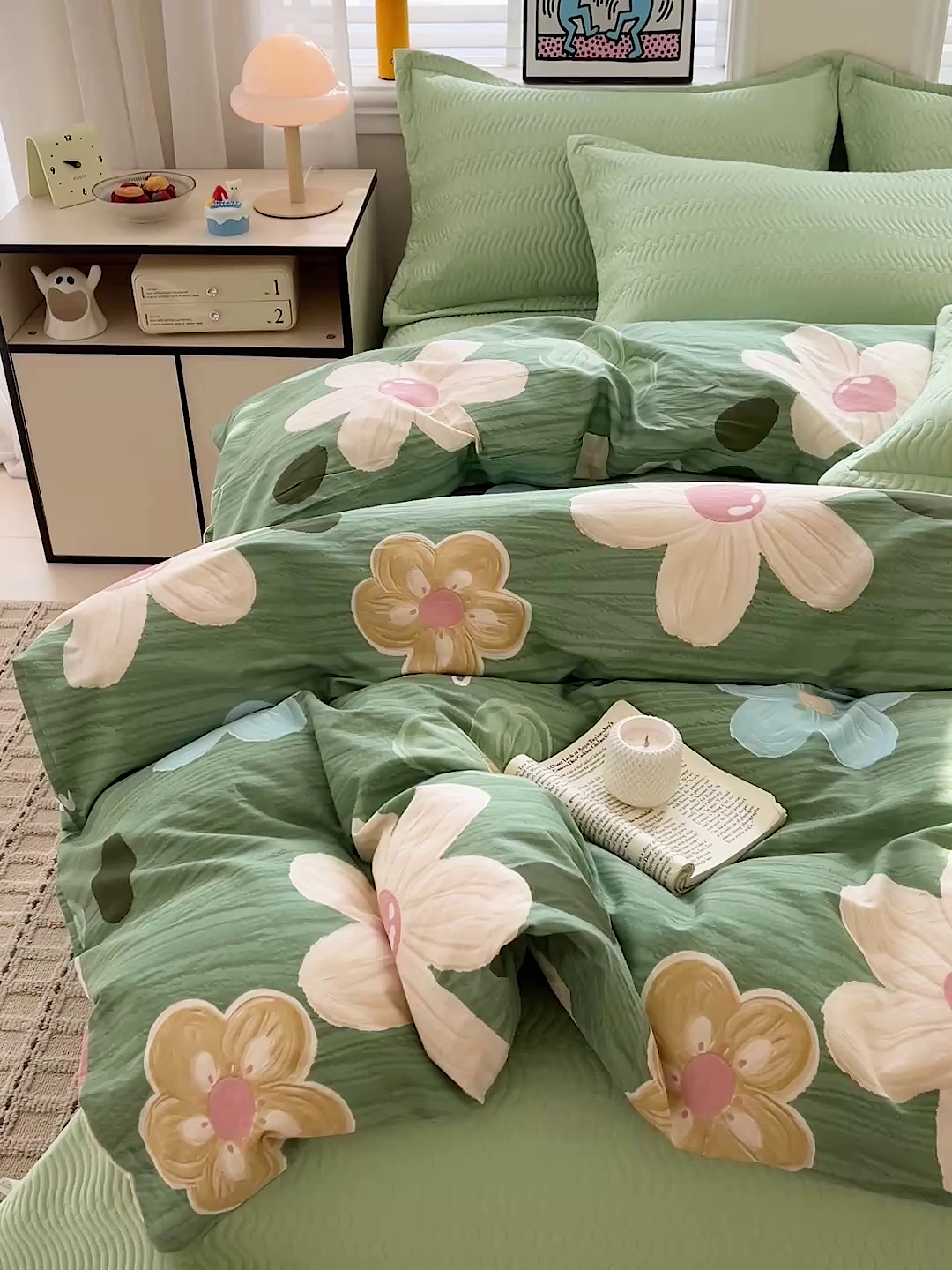 91家纺网 家纺一手货源 找家纺 梦精灵家纺 2026新款纯棉床盖四件套全棉绗缝夹棉防滑床单四季通用榻榻米单人学生宿舍 春日花园ABC绿