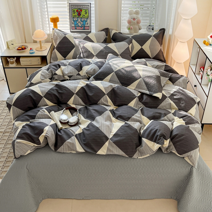 梦精灵家纺 2026新款纯棉床盖四件套全棉绗缝夹棉防滑床单四季通用榻榻米单人学生宿舍 都市英伦AB灰