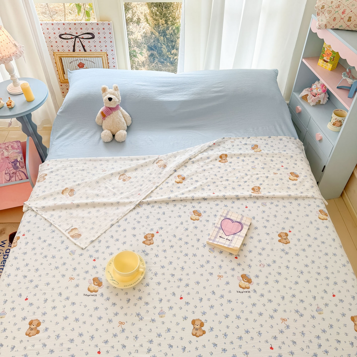 91家纺网 家纺一手货源 找家纺 Sweet dreams甜梦 2026新款A类皱皱双层纱小清新酒店一体式旅行睡袋 碎花小狗