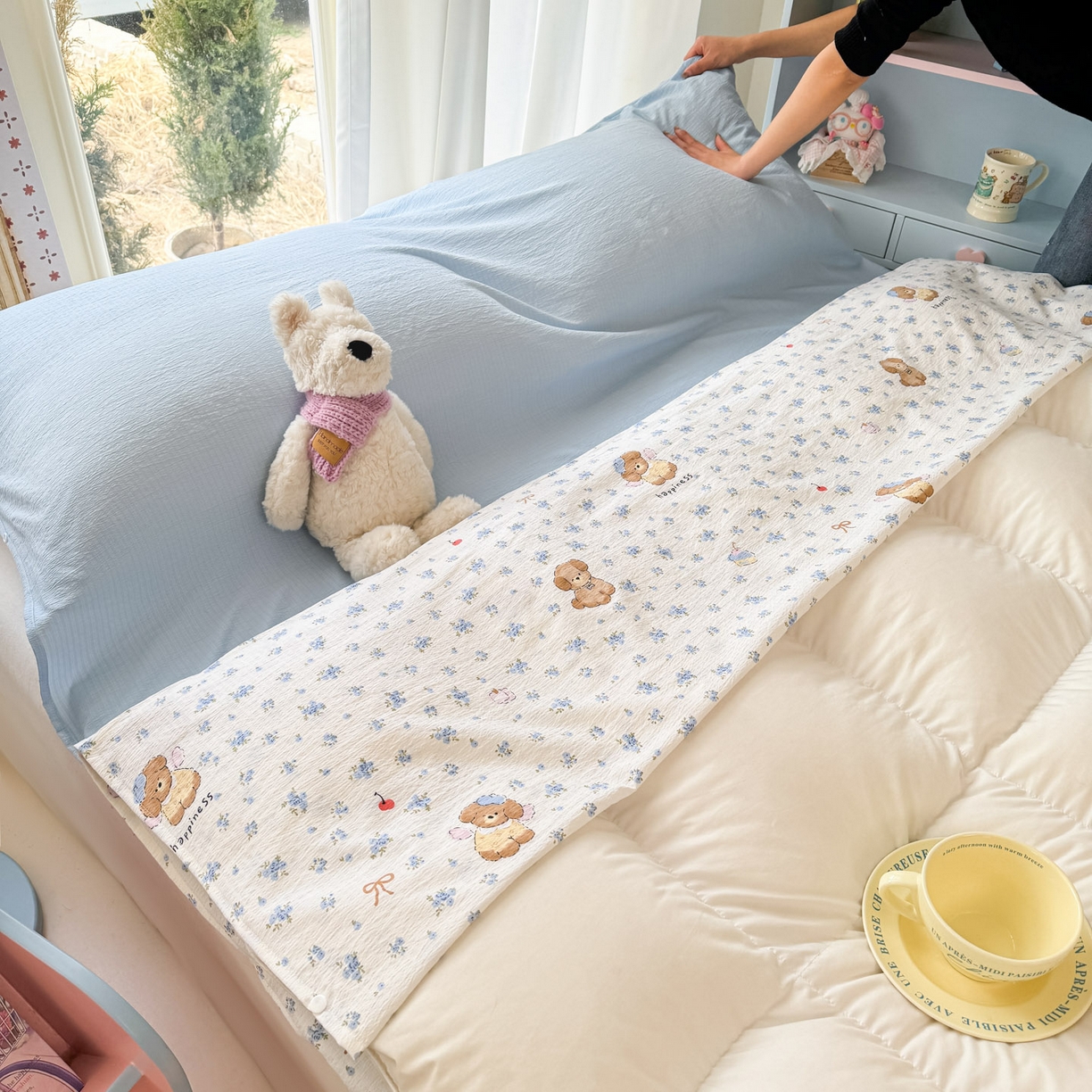 91家纺网 家纺一手货源 找家纺 Sweet dreams甜梦 2026新款A类皱皱双层纱小清新酒店一体式旅行睡袋 碎花小狗