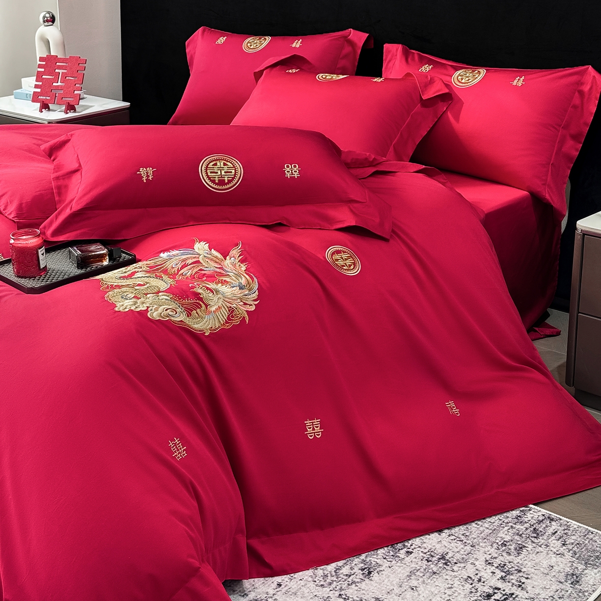 91家纺网 家纺一手货源 找家纺 星蕴家纺 2026新款高档全棉婚庆四件套 锦绣龙凤