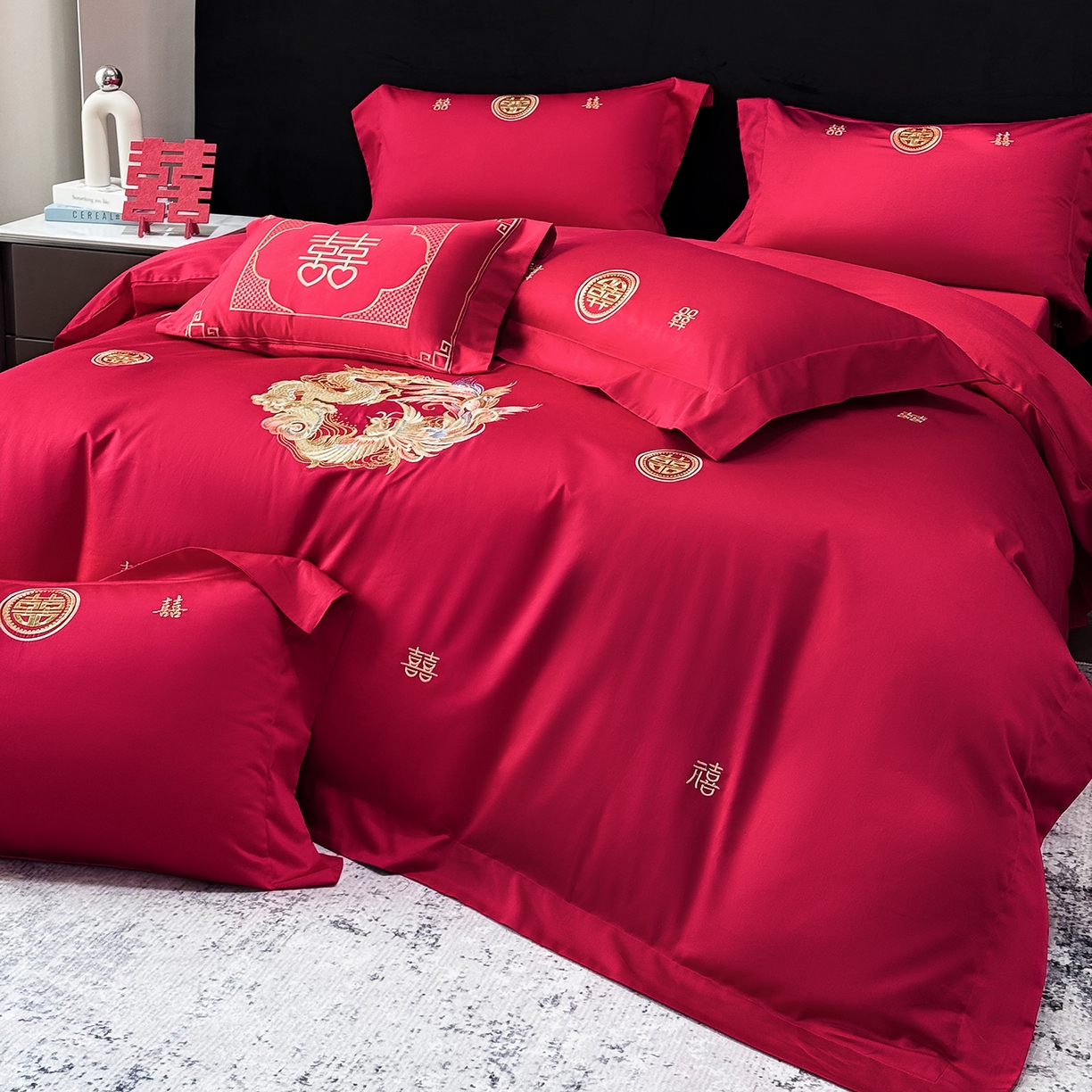 91家纺网 家纺一手货源 找家纺 星蕴家纺 2026新款高档全棉婚庆四件套 锦绣龙凤