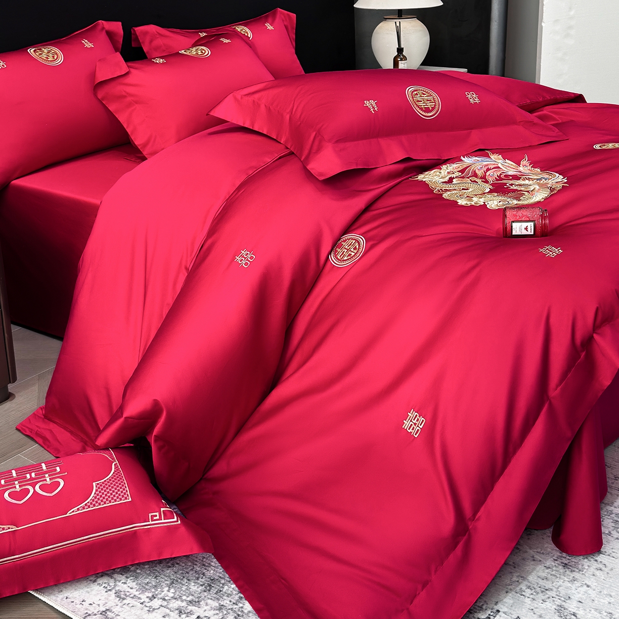 91家纺网 家纺一手货源 找家纺 星蕴家纺 2026新款高档全棉婚庆四件套 锦绣龙凤