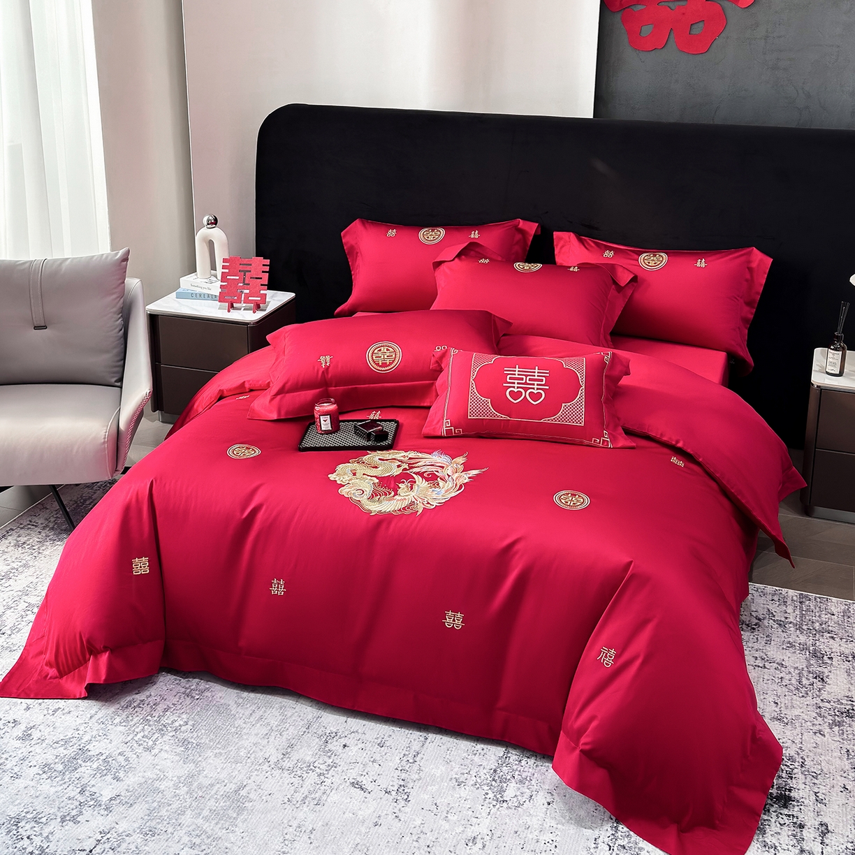 91家纺网 家纺一手货源 找家纺 星蕴家纺 2026新款高档全棉婚庆四件套 锦绣龙凤