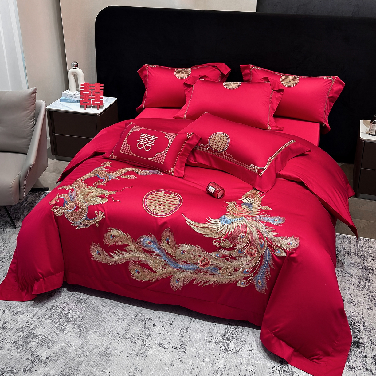 91家纺网 家纺一手货源 找家纺 星蕴家纺 2026新款高档全棉婚庆四件套 龙姿凤彩