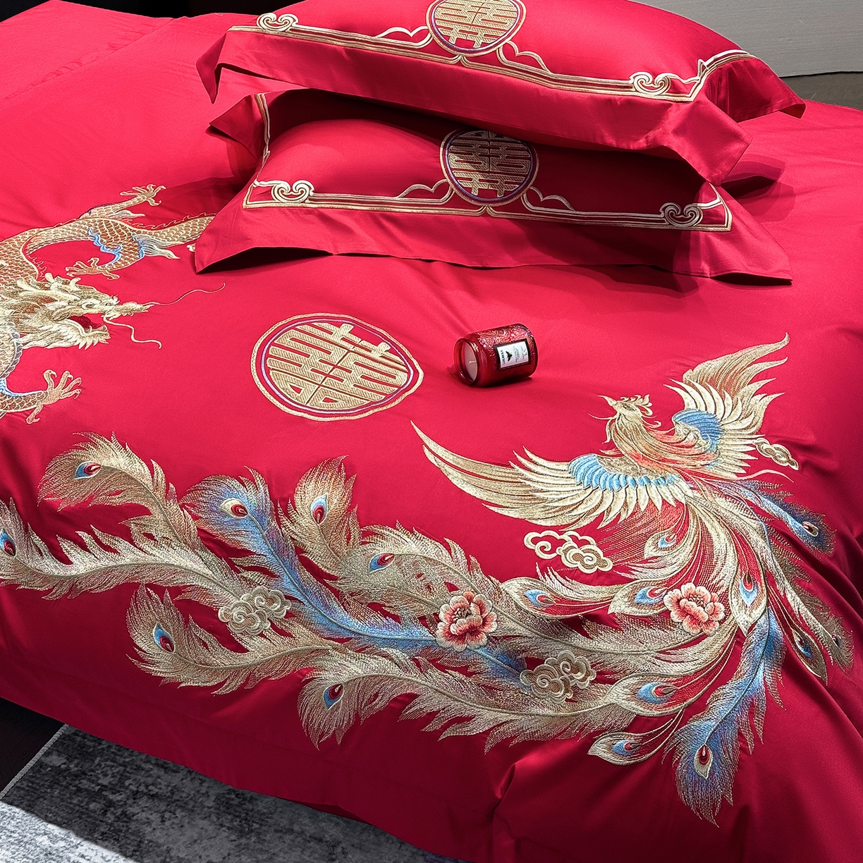 91家纺网 家纺一手货源 找家纺 星蕴家纺 2026新款高档全棉婚庆四件套 龙姿凤彩