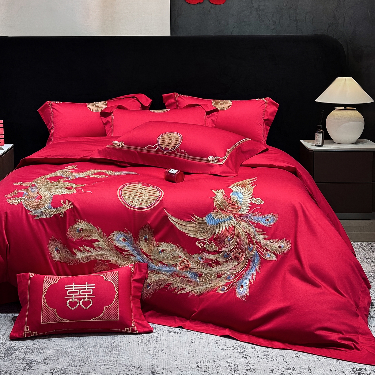 91家纺网 家纺一手货源 找家纺 星蕴家纺 2026新款高档全棉婚庆四件套 龙姿凤彩