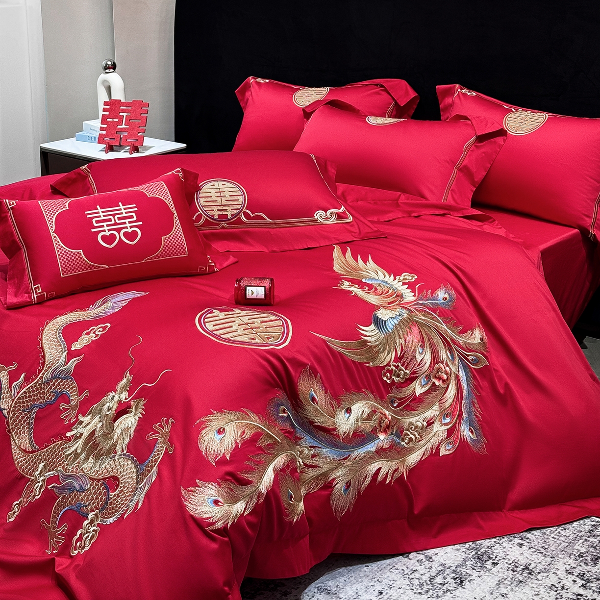 91家纺网 家纺一手货源 找家纺 星蕴家纺 2026新款高档全棉婚庆四件套 龙姿凤彩