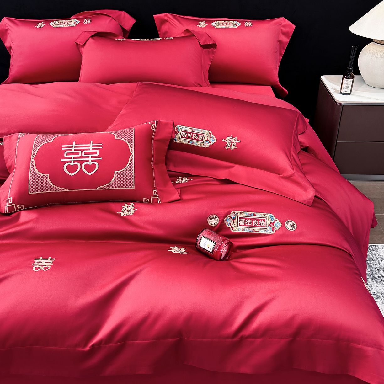 91家纺网 家纺一手货源 找家纺 星蕴家纺 2026新款高档全棉婚庆四件套 喜结良缘