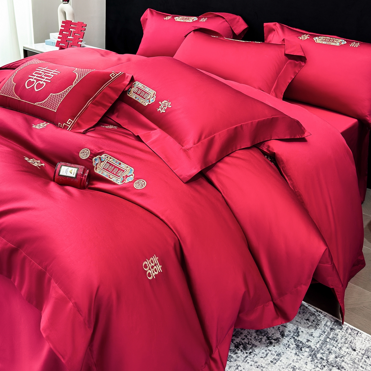 91家纺网 家纺一手货源 找家纺 星蕴家纺 2026新款高档全棉婚庆四件套 喜结良缘