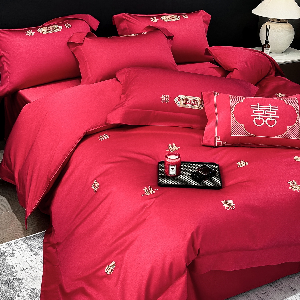 91家纺网 家纺一手货源 找家纺 星蕴家纺 2026新款高档全棉婚庆四件套 喜结良缘