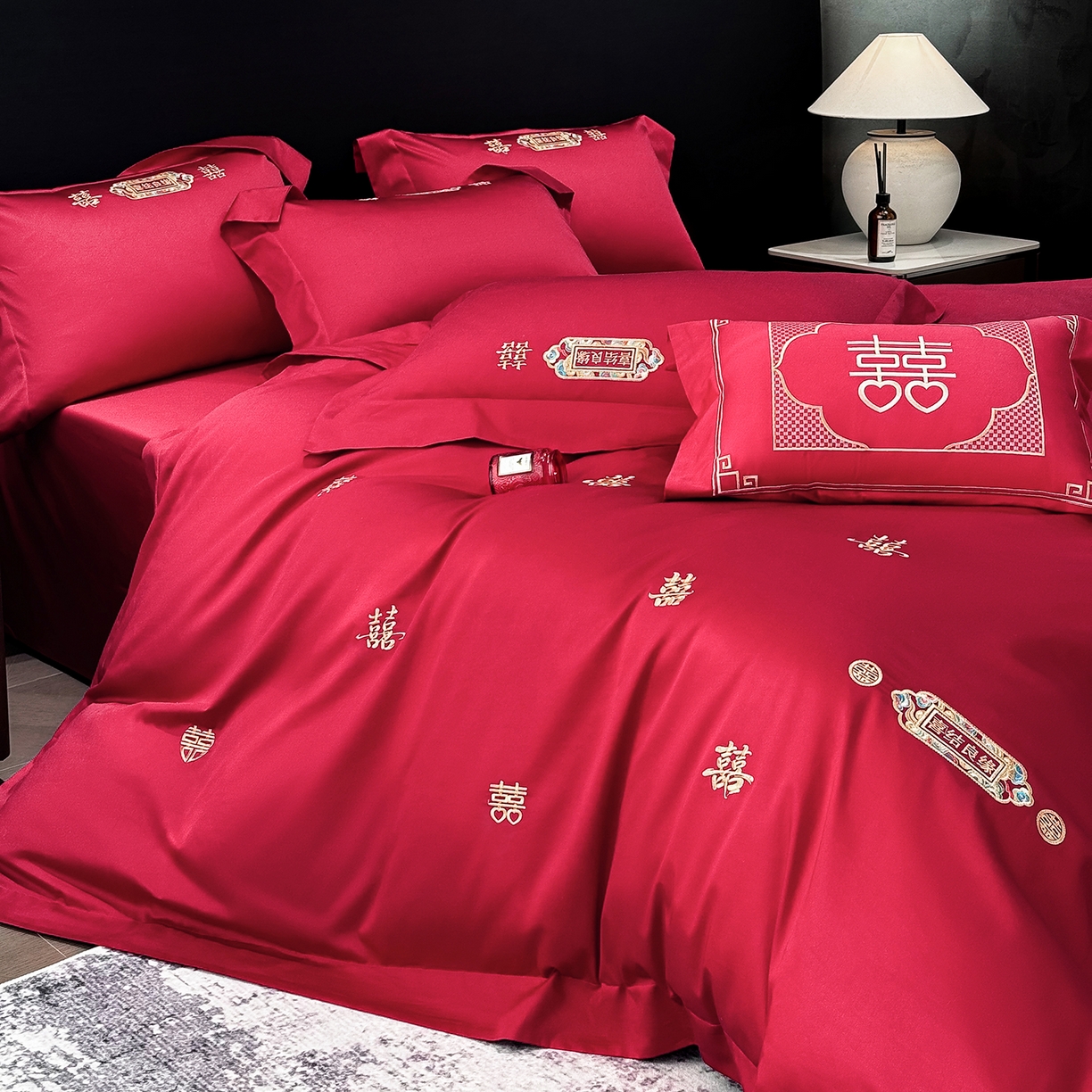 91家纺网 家纺一手货源 找家纺 星蕴家纺 2026新款高档全棉婚庆四件套 喜结良缘