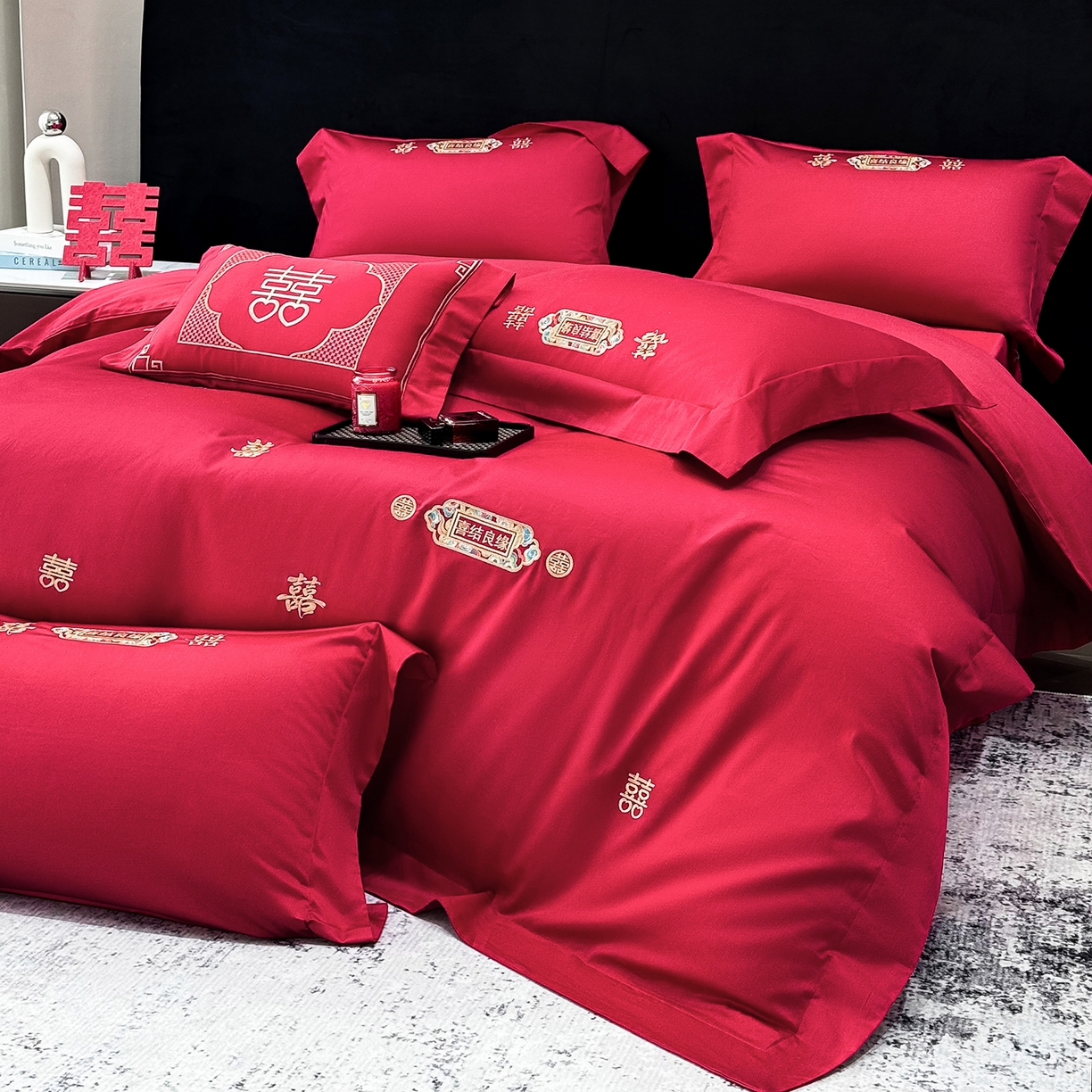 91家纺网 家纺一手货源 找家纺 星蕴家纺 2026新款高档全棉婚庆四件套 喜结良缘