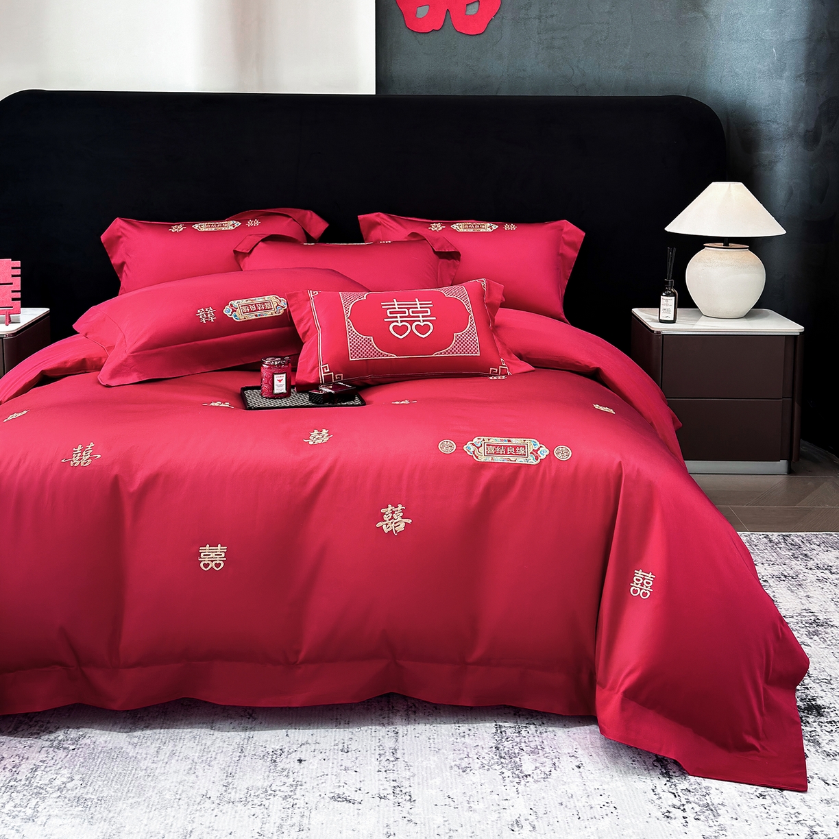 91家纺网 家纺一手货源 找家纺 星蕴家纺 2026新款高档全棉婚庆四件套 喜结良缘