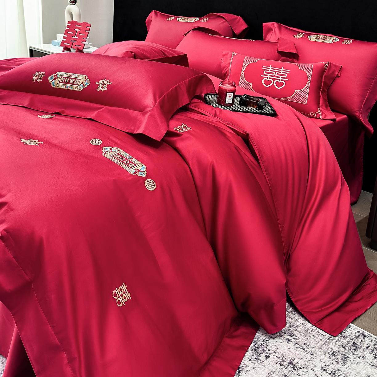 91家纺网 家纺一手货源 找家纺 星蕴家纺 2026新款高档全棉婚庆四件套 喜结良缘