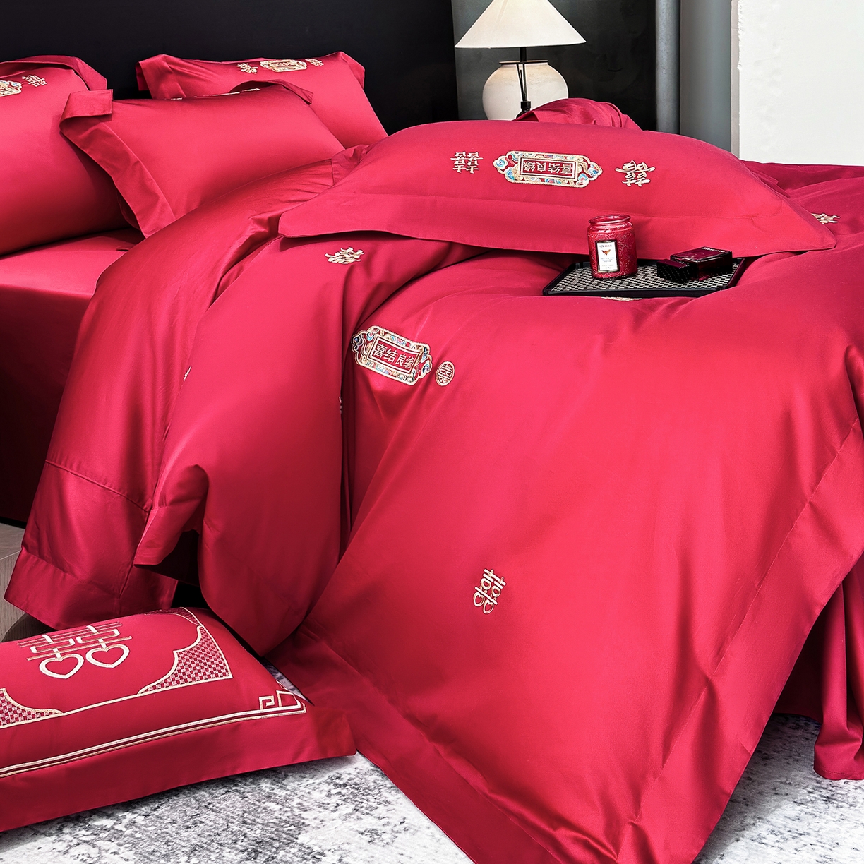 91家纺网 家纺一手货源 找家纺 星蕴家纺 2026新款高档全棉婚庆四件套 喜结良缘