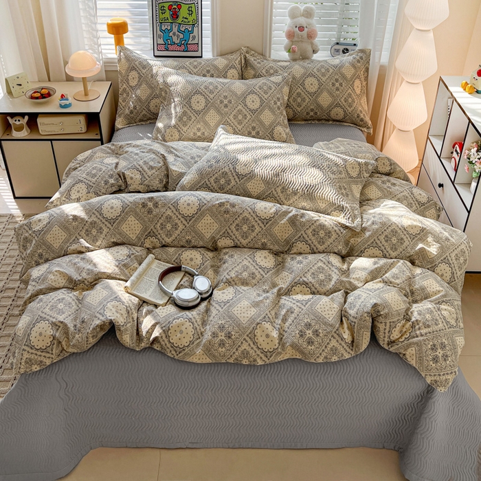 梦精灵家纺 2026新款纯棉床盖四件套全棉绗缝夹棉防滑床单四季通用榻榻米单人学生宿舍 凡尔赛AB灰