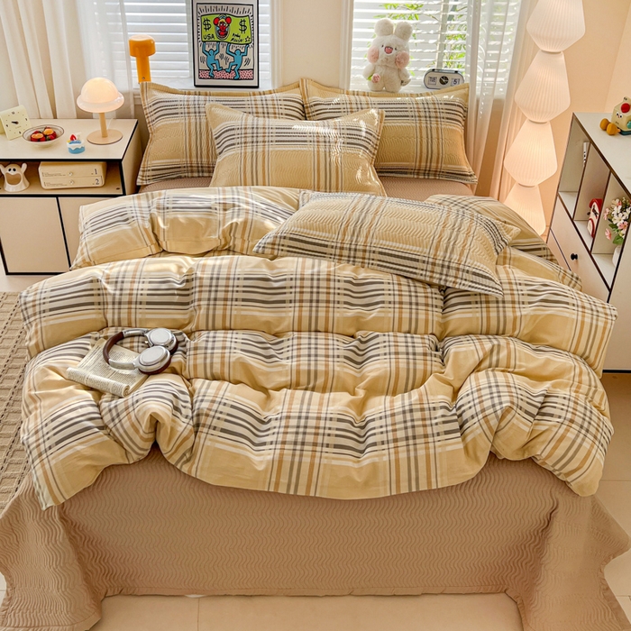 梦精灵家纺 2026新款纯棉床盖四件套全棉绗缝夹棉防滑床单四季通用榻榻米单人学生宿舍 格调情思AB咖