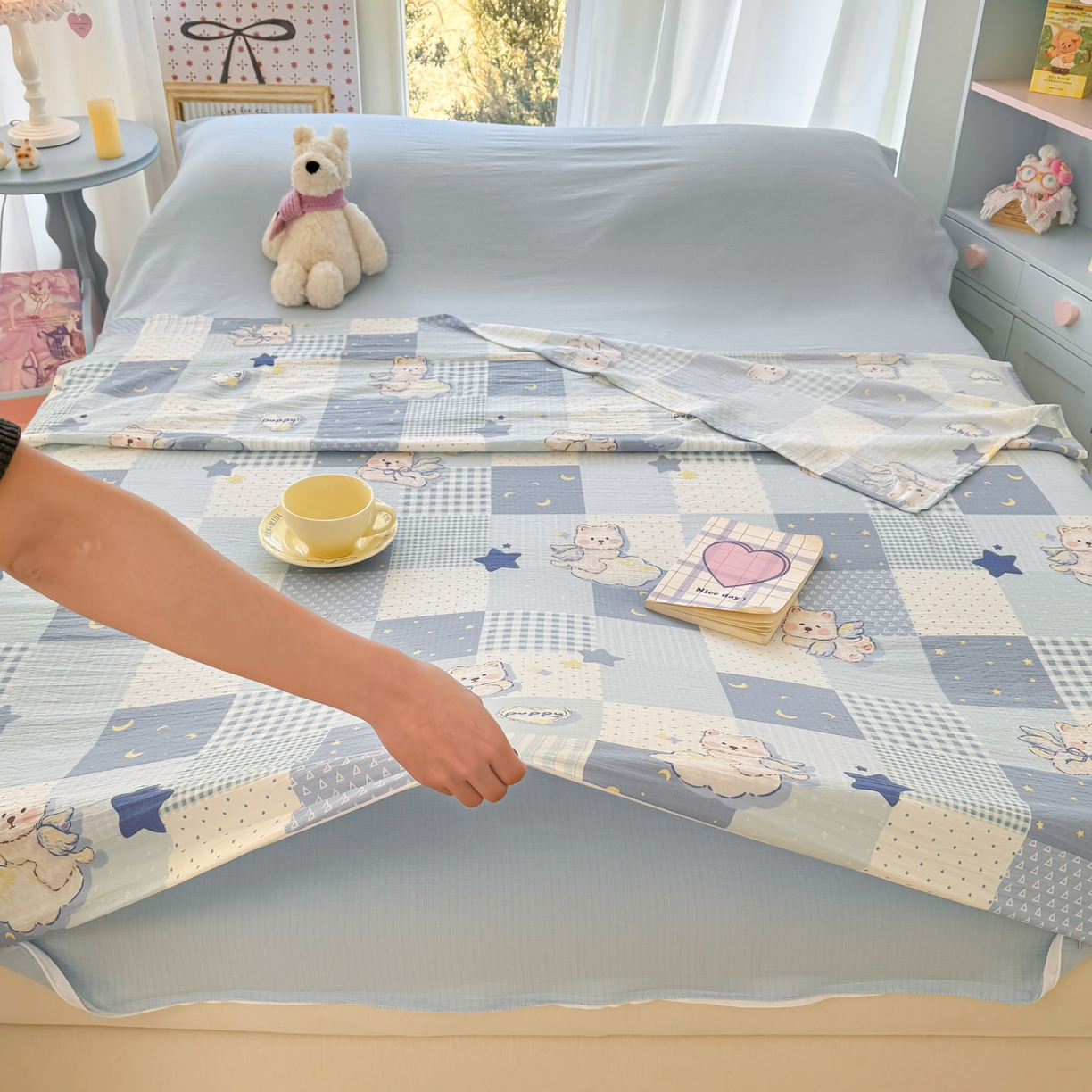 91家纺网 家纺一手货源 找家纺 Sweet dreams甜梦 2026新款A类皱皱双层纱小清新酒店一体式旅行睡袋 晚安小熊