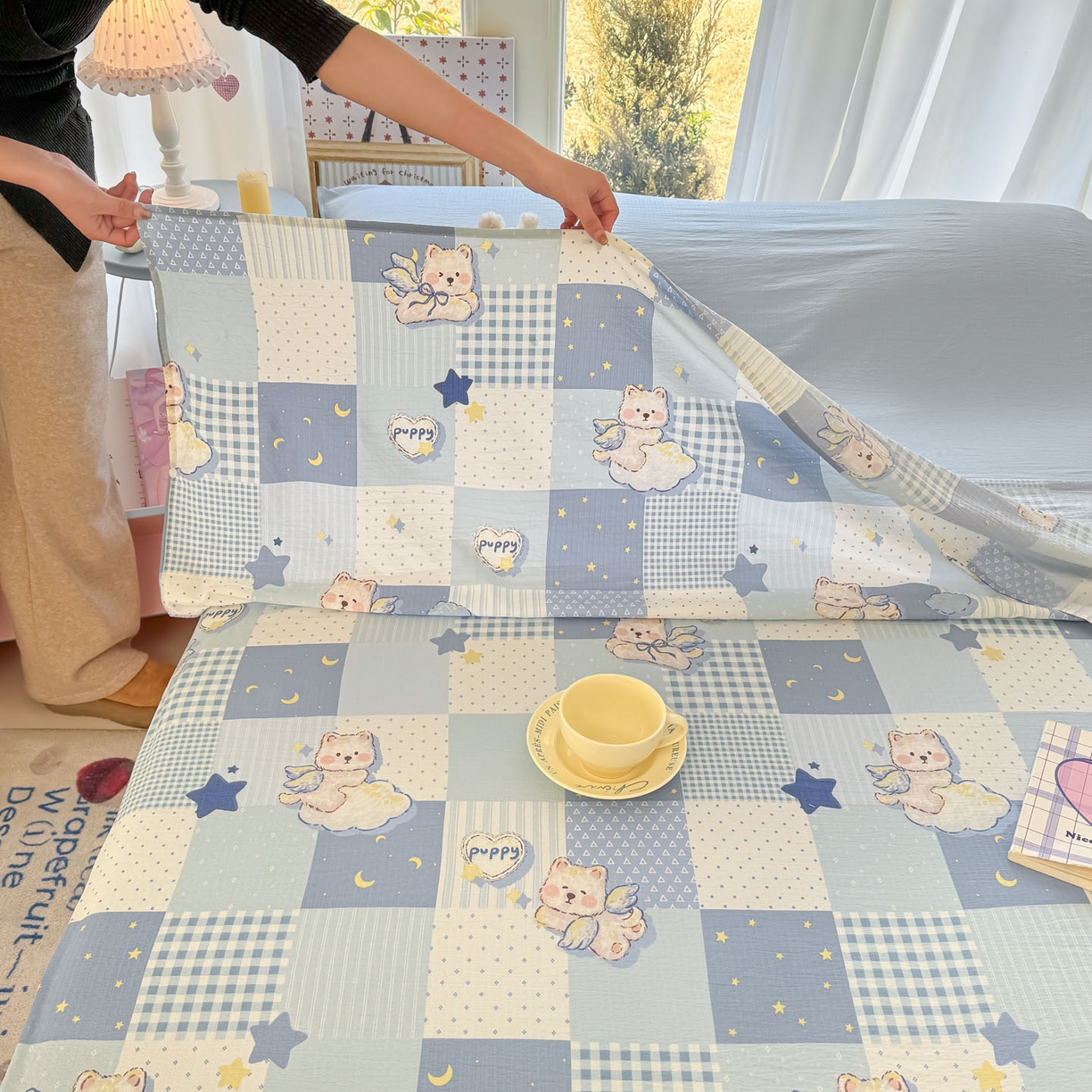 91家纺网 家纺一手货源 找家纺 Sweet dreams甜梦 2026新款A类皱皱双层纱小清新酒店一体式旅行睡袋 晚安小熊