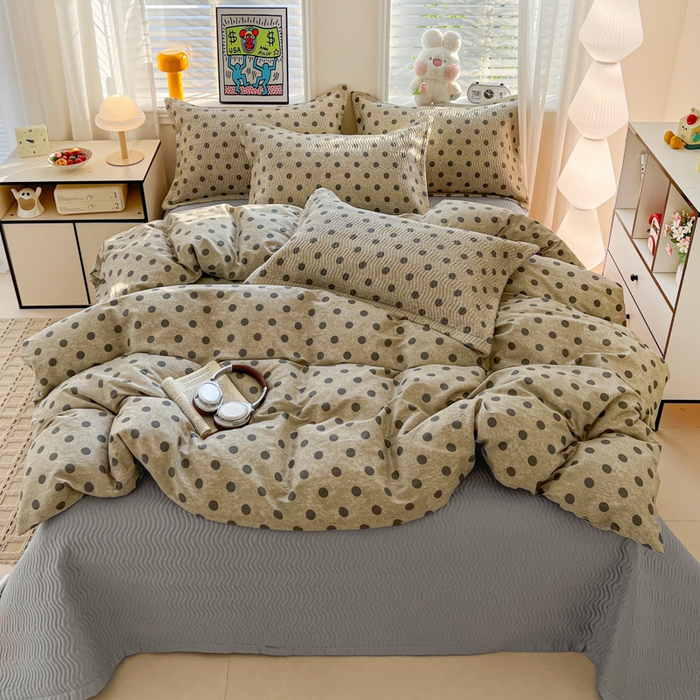 梦精灵家纺 2026新款纯棉床盖四件套全棉绗缝夹棉防滑床单四季通用榻榻米单人学生宿舍 灰调波点AB灰