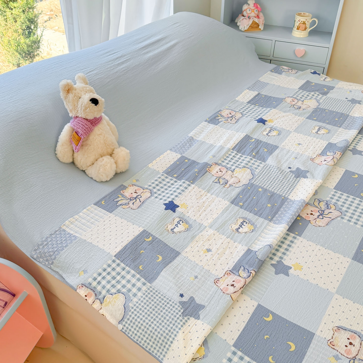 91家纺网 家纺一手货源 找家纺 Sweet dreams甜梦 2026新款A类皱皱双层纱小清新酒店一体式旅行睡袋 晚安小熊