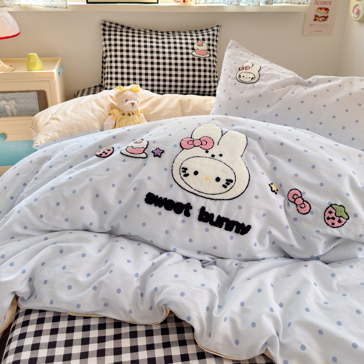 91家纺网 家纺一手货源 找家纺 云锦家居 2026新款13370纯棉毛巾绣呆萌系列四件套第一波 波点米菲兔