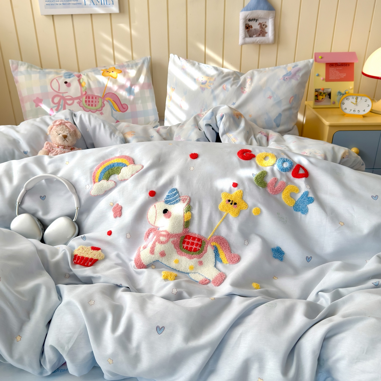 91家纺网 家纺一手货源 找家纺 云锦家居 2026新款13370纯棉毛巾绣呆萌系列四件套第一波 马上有钱 -蓝