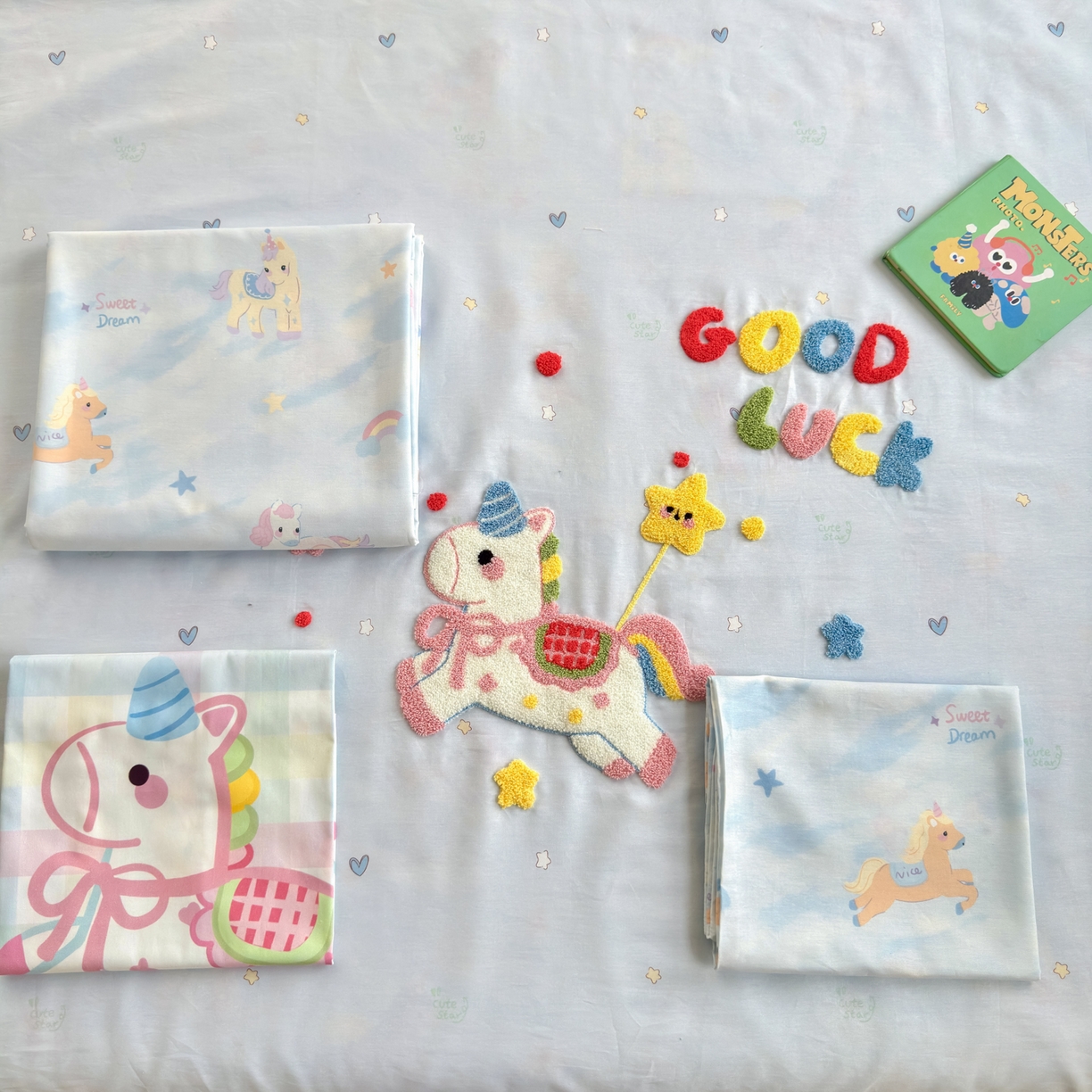 91家纺网 家纺一手货源 找家纺 云锦家居 2026新款13370纯棉毛巾绣呆萌系列四件套第一波 马上有钱 -蓝