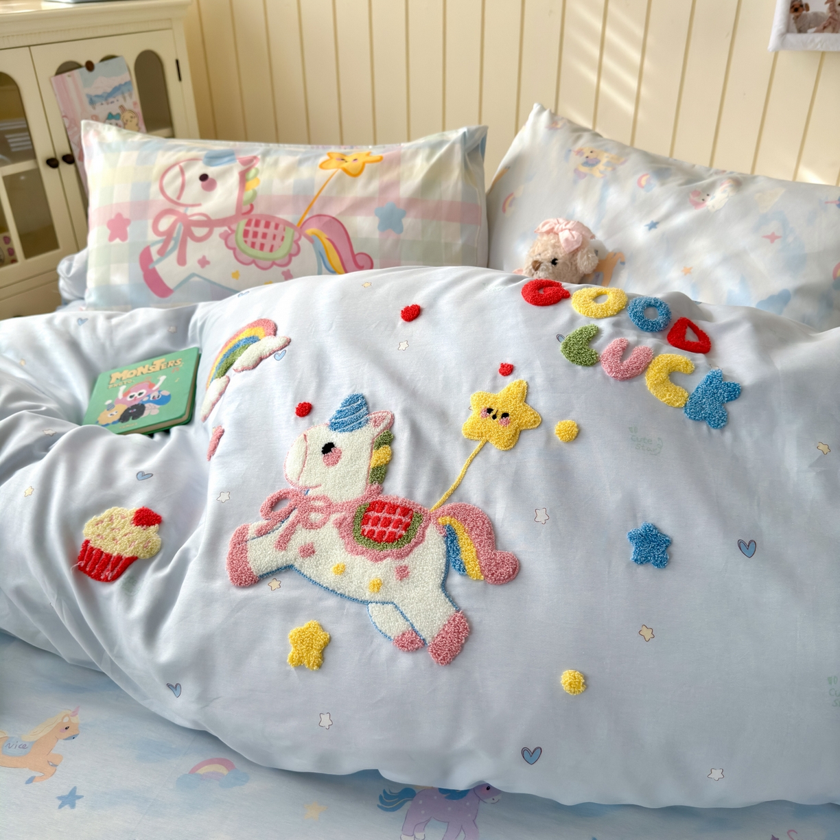 91家纺网 家纺一手货源 找家纺 云锦家居 2026新款13370纯棉毛巾绣呆萌系列四件套第一波 马上有钱 -蓝