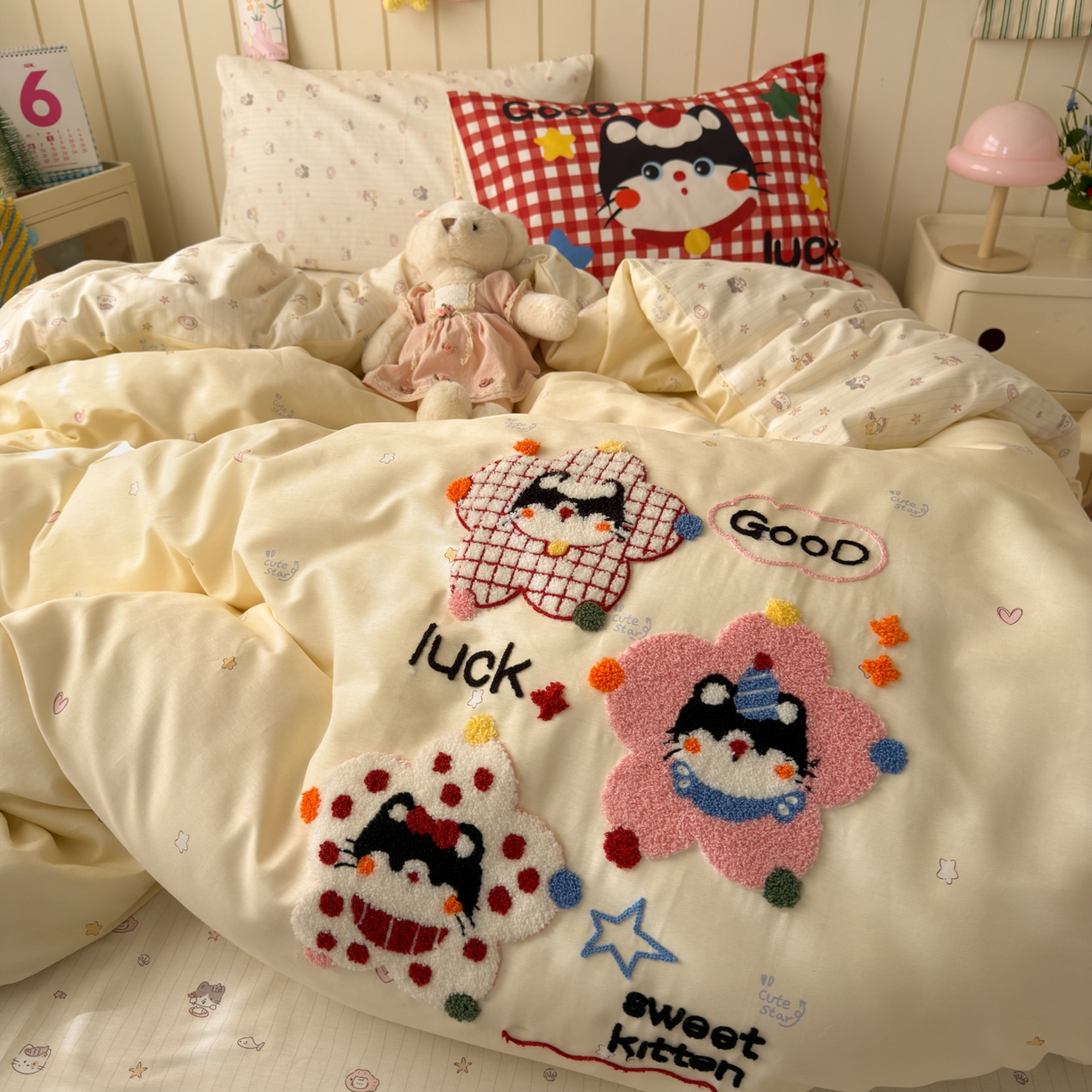 云锦家居 2026新款13370纯棉毛巾绣呆萌系列四件套第一波 彩色小猫