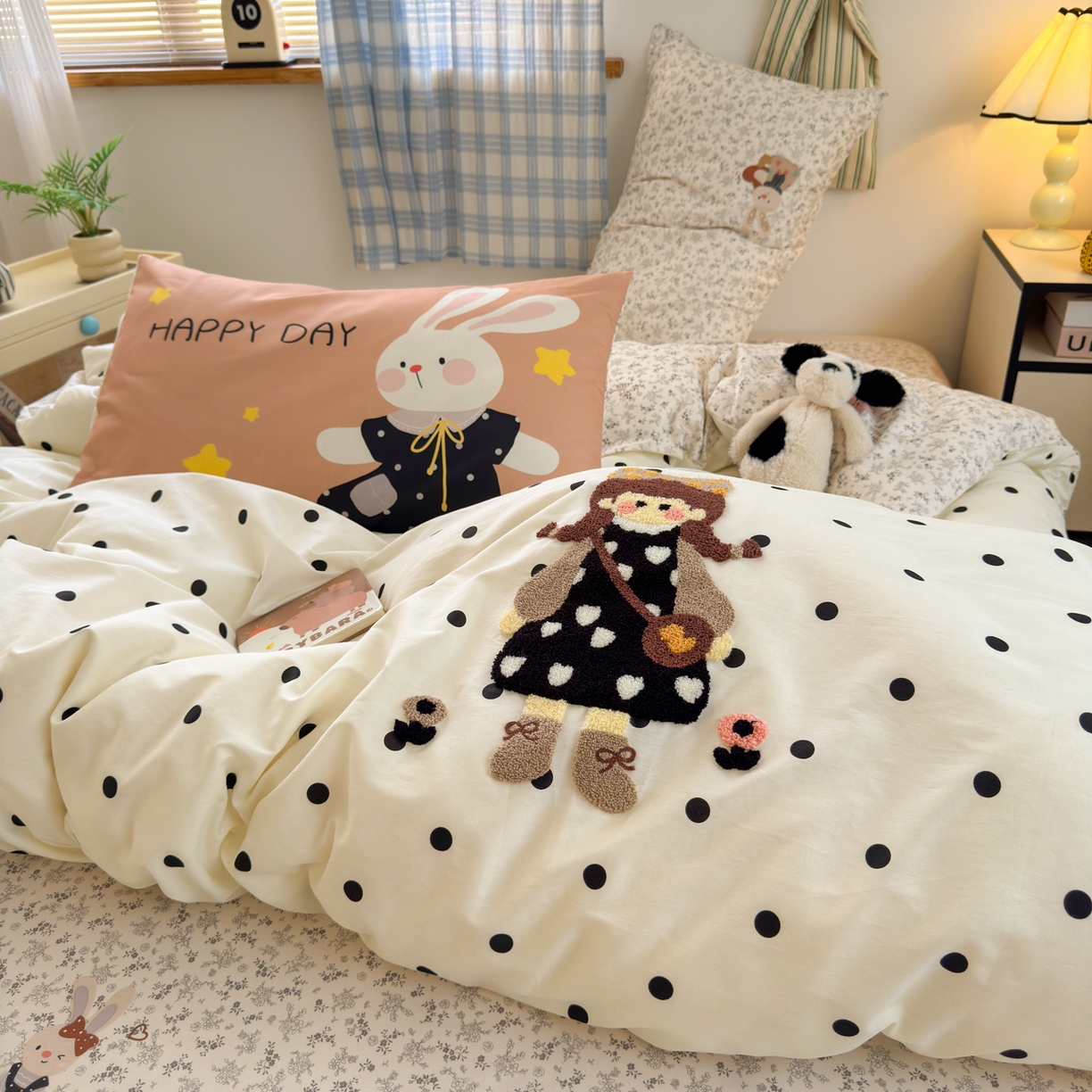 云锦家居 2026新款13370纯棉毛巾绣呆萌系列四件套第一波 波点女孩