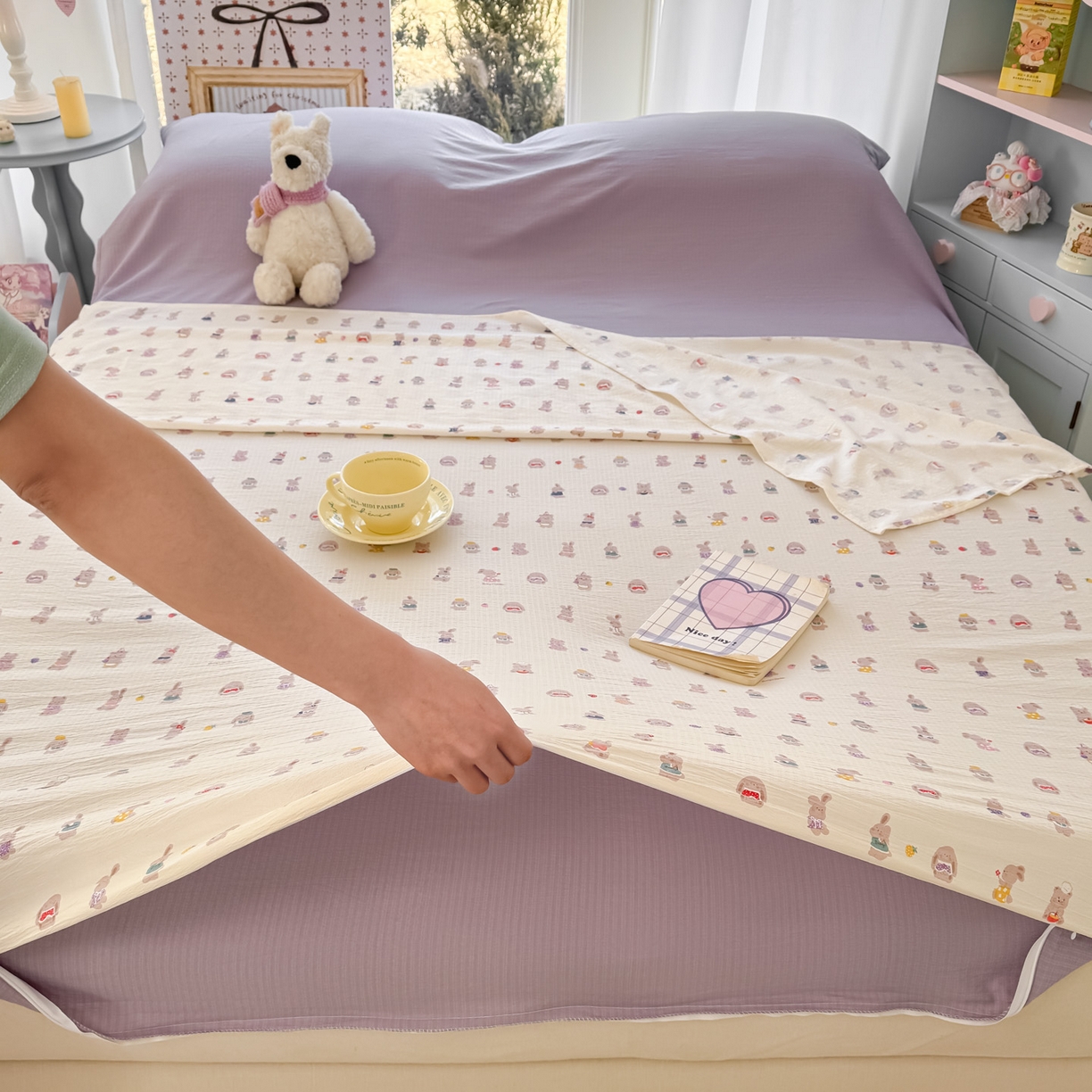 91家纺网 家纺一手货源 找家纺 Sweet dreams甜梦 2026新款A类皱皱双层纱小清新酒店一体式旅行睡袋 小兔仔