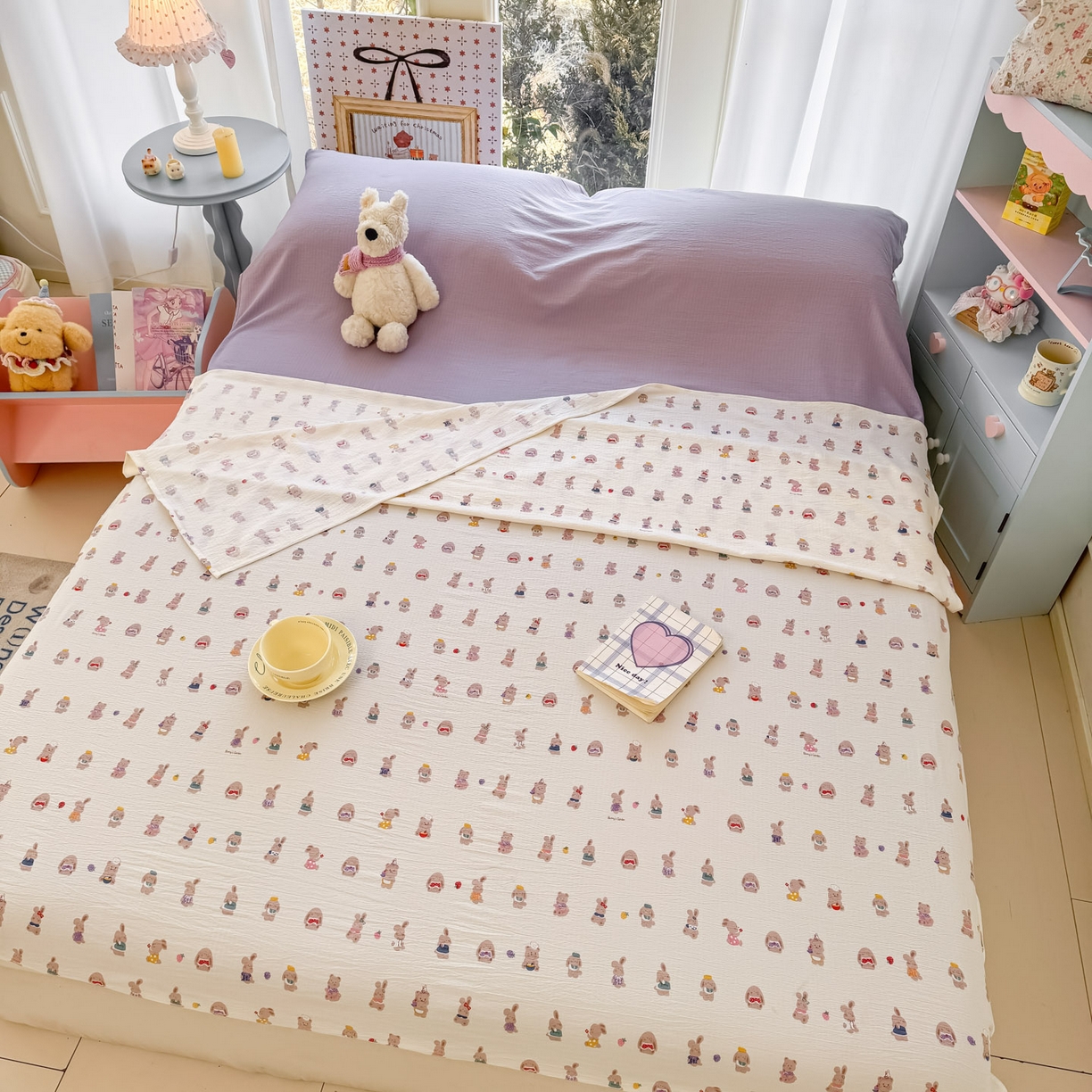 91家纺网 家纺一手货源 找家纺 Sweet dreams甜梦 2026新款A类皱皱双层纱小清新酒店一体式旅行睡袋 小兔仔