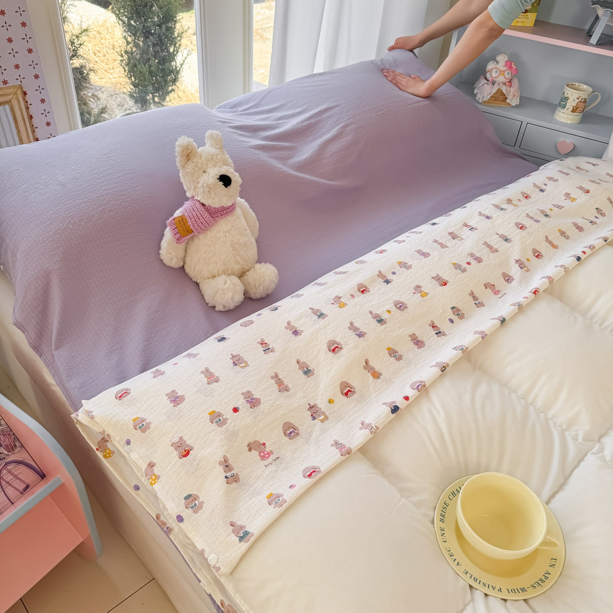 91家纺网 家纺一手货源 找家纺 Sweet dreams甜梦 2026新款A类皱皱双层纱小清新酒店一体式旅行睡袋 小兔仔