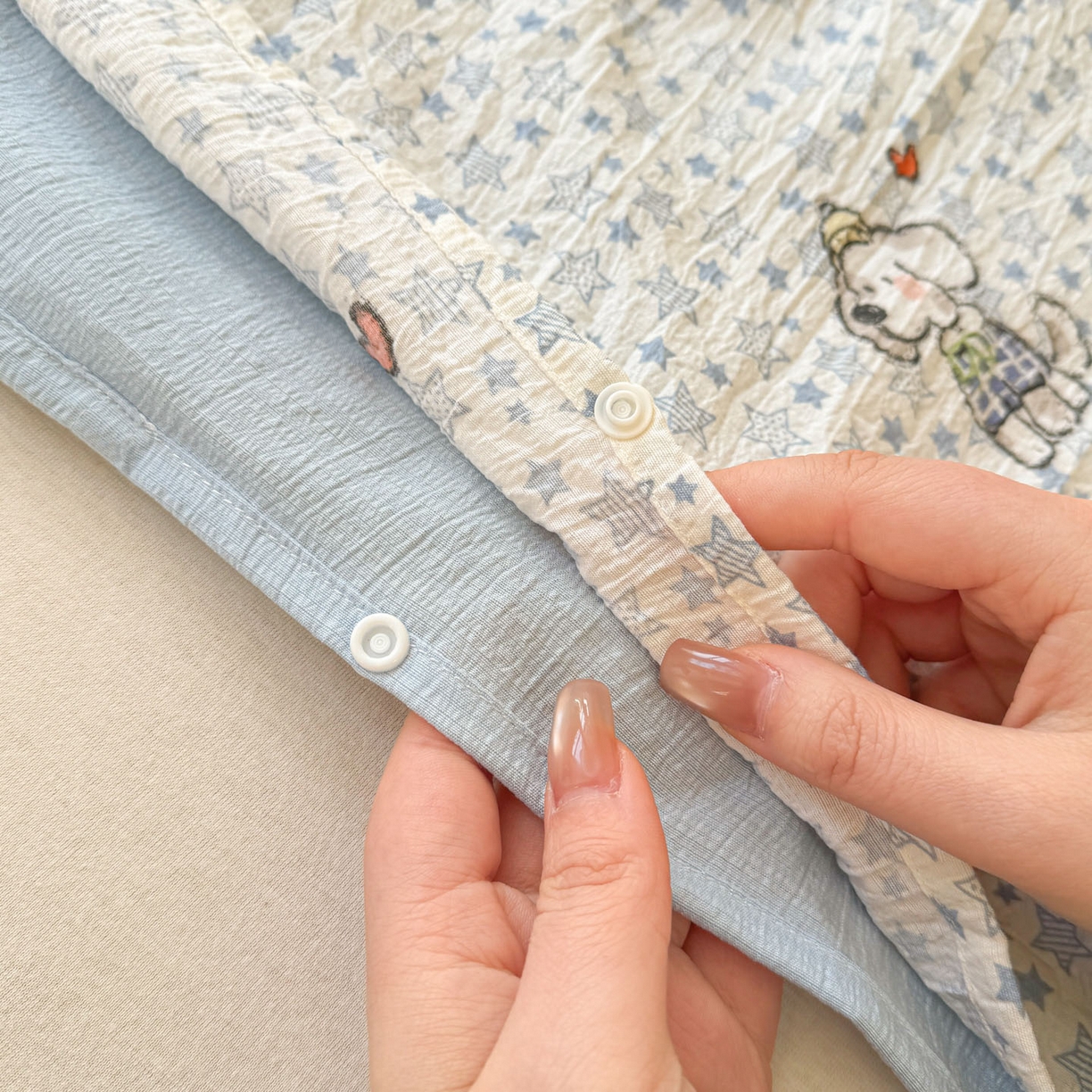 91家纺网 家纺一手货源 找家纺 Sweet dreams甜梦 2026新款A类皱皱双层纱小清新酒店一体式旅行睡袋 星星小狗