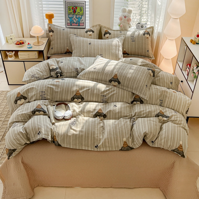 梦精灵家纺 2026新款纯棉床盖四件套全棉绗缝夹棉防滑床单四季通用榻榻米单人学生宿舍 帽子柯基AB咖